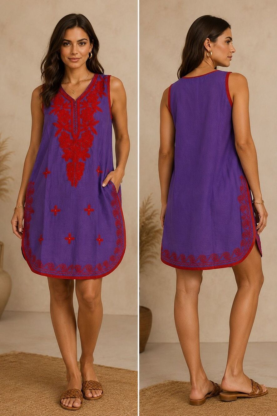 Italian Luxury Boutique Purple Embroidered Cotton Tunic Dress Sz XL/ M US NWT